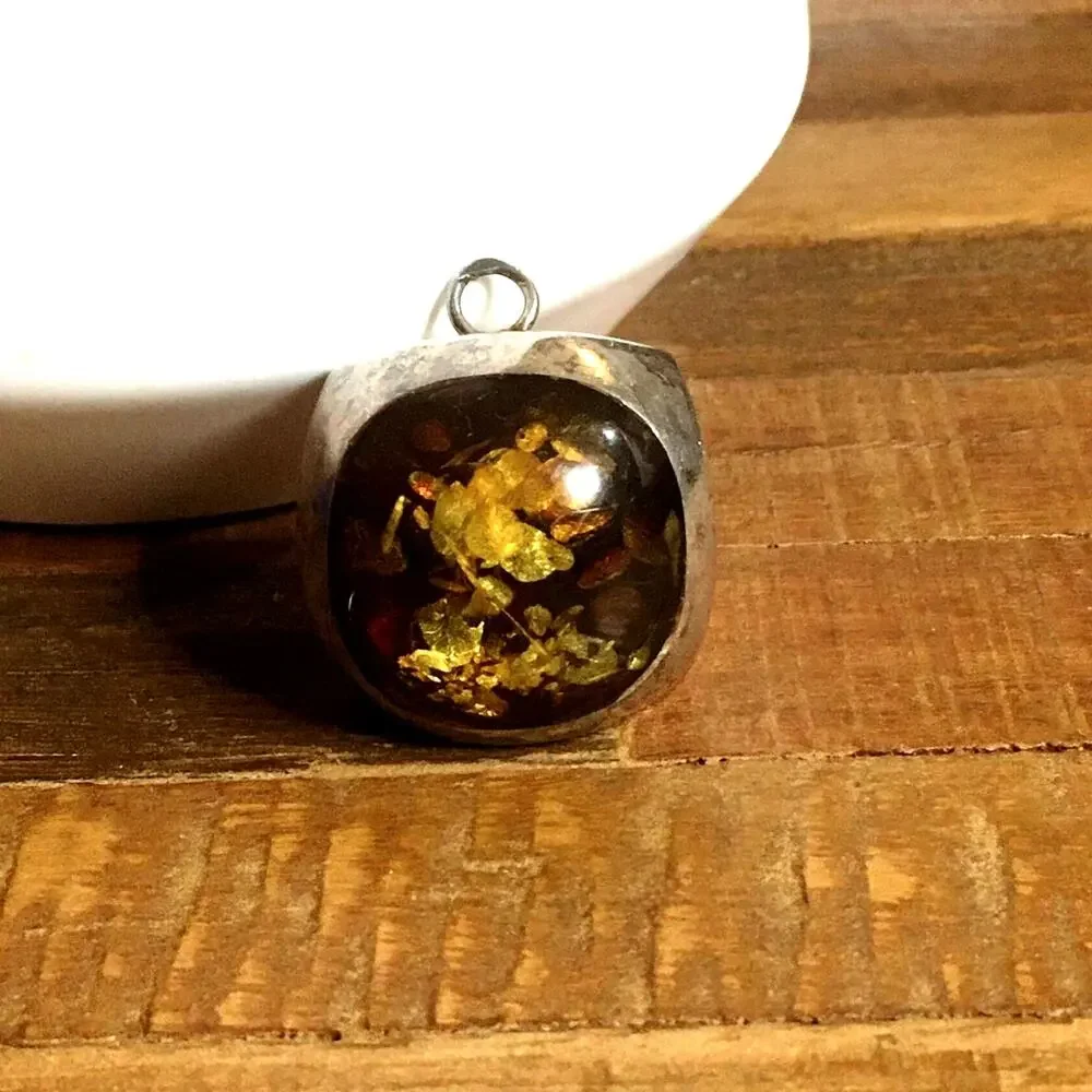Y2K Boho Resin Amber Pendant with Gold Leaf Look 2001
